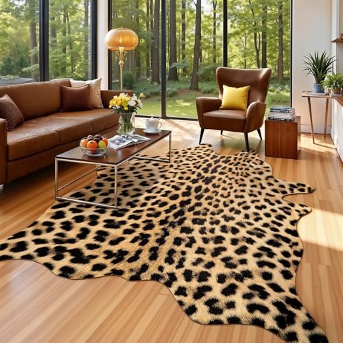 AROGAN Premium Leopard Print Rug 4.6x5.2 Feet, Machine Washable Faux Fur Cheetah Rug, Non-Slip Animal Print Hide Leopard